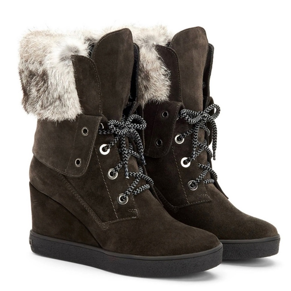 Aquatalia Cordelia High Wedge Boots with Fur Trim - Size 7.5 - Like New gray